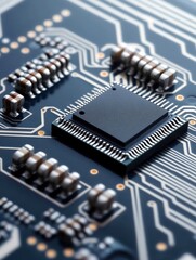 Close-up of Microchip on Circuit Board with Detailed Connections