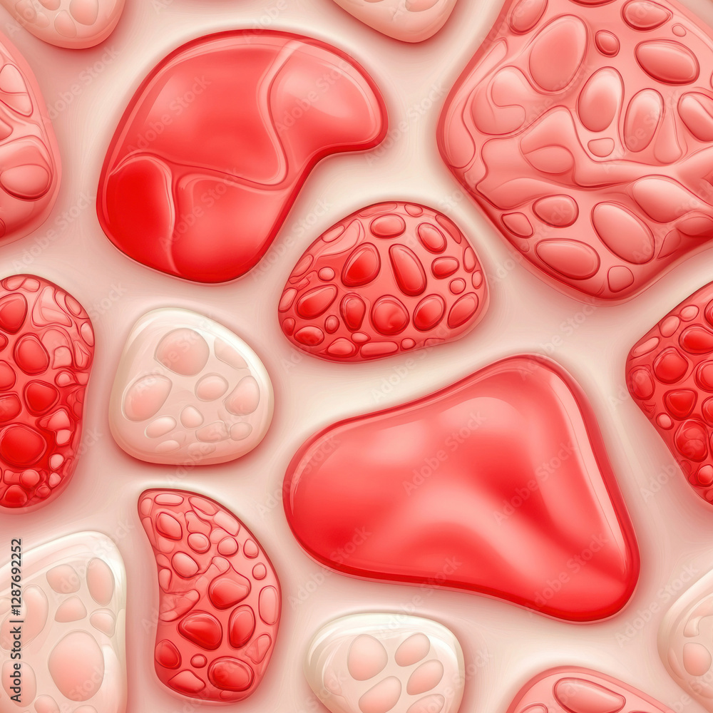 Poster abstract collection of red and pink textured shapes forming a pattern on a plain, light-colored back