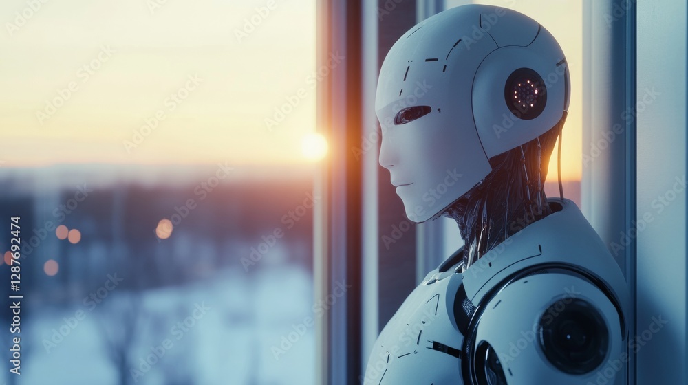 Poster Humanoid robot gazing out of a window at sunset with soft lighting, futuristic atmosphere. Artificial intelligence and robotics innovation concept