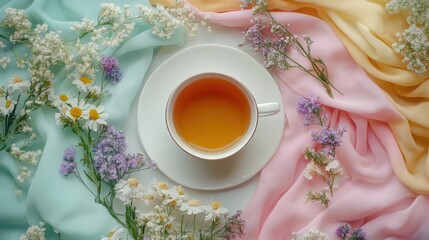 Overhead View of Teacup and Pastel Flowers
