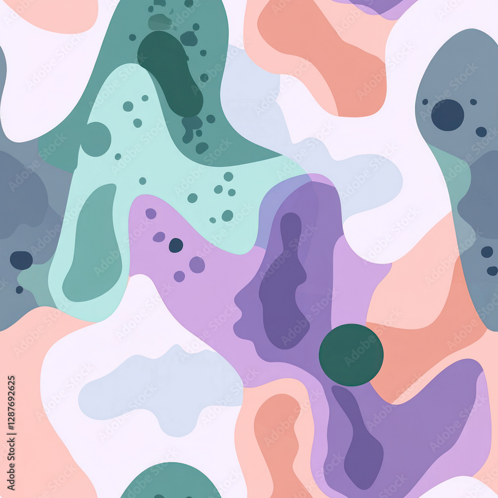 Poster abstract, colorful shapes overlapping create a vibrant, seamless pattern on a light background