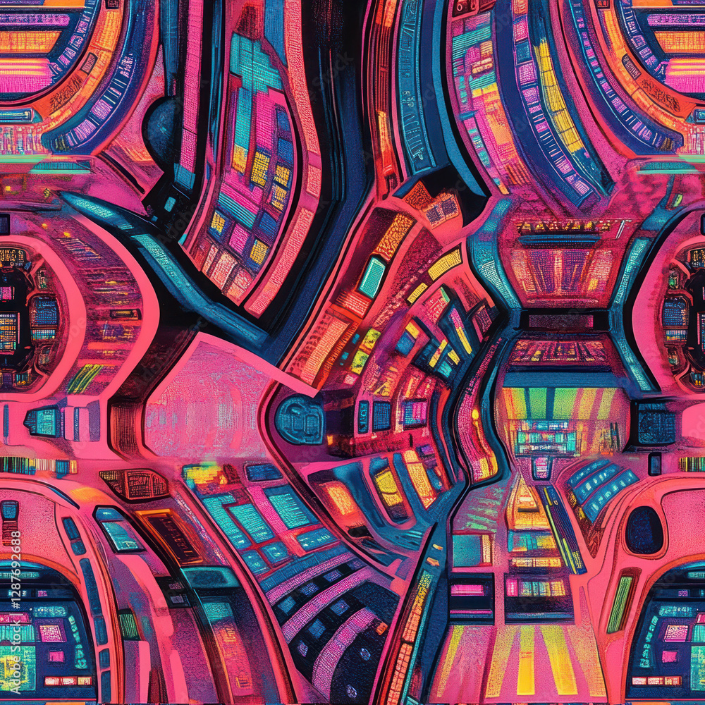 Poster abstract composition of bright, colorful, rounded structures with repeating patterns against an unde