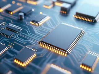 Close-up View of Electronic Circuit Board with Microchips and Traces
