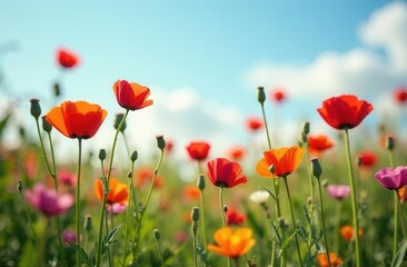 Obraz premium colorful flowers red poppies on the rural field. summer nature background at sunset