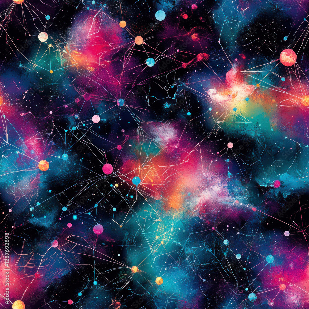 Poster abstract connected particles drift amid colorful nebula clusters in the vast, dark expanse of outer 
