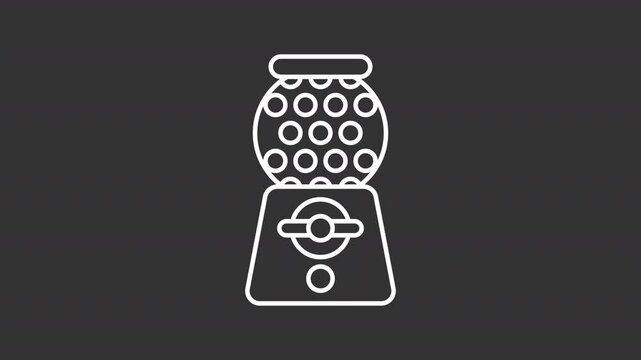 Animated gumball machine white icon. Bubblegum dispenser line animation. Moving down balls. Spinning mechanism. Isolated illustration on dark background. Transition alpha video. Motion graphic