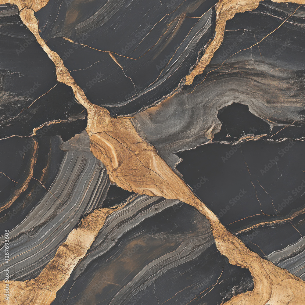 Poster abstract dark stone slab with golden veins and patterned surface on a plain background