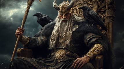 The powerful Scandinavian god Odin with a long gray beard and a horned helmet, sitting on a large wooden throne with Gungnir in his hands, crows (Huginn and Muninn) sitting on his shoulders