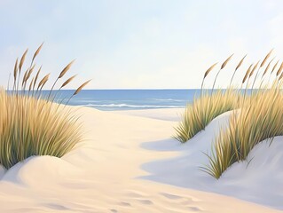 A serene beach scene with sandy dunes and gentle ocean waves under a clear sky.