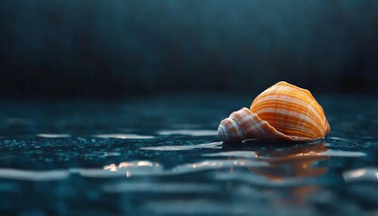 A beautiful seashell resting on a calm, shimmering surface of water.