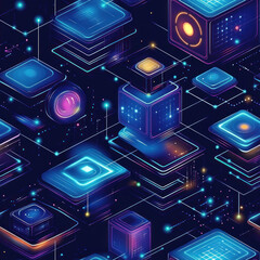 Abstract digital network glowing over dark background. High-tech blocks and connected lines