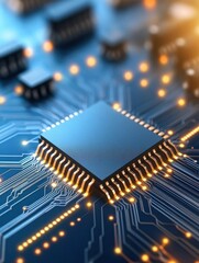 Close-up View of Microchip on Circuit Board with Light Effects