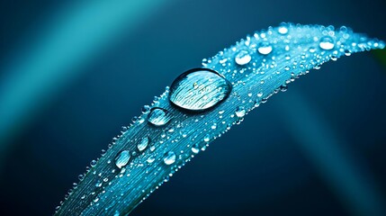 Close-up of a green leaf adorned with droplets of water, reflecting a serene blue hue.