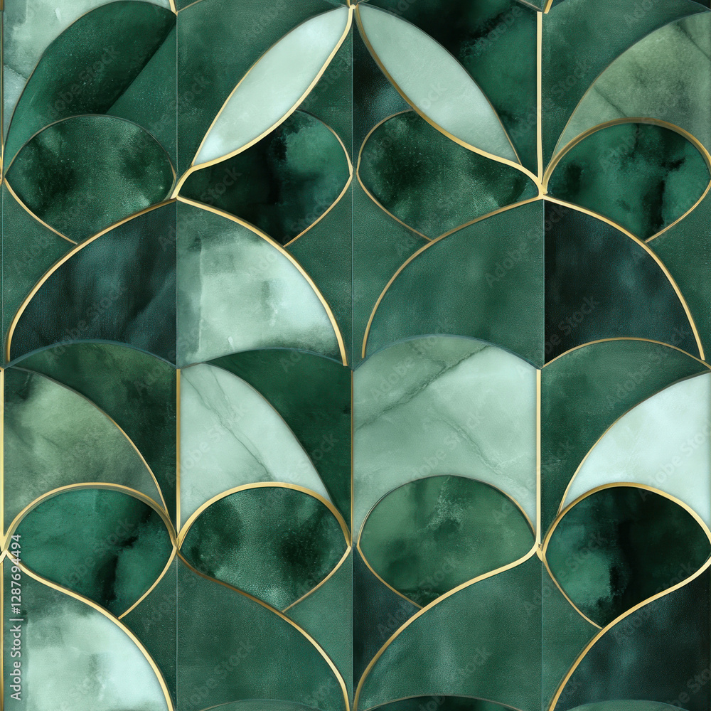 Aufkleber abstract emerald tiles create repeating geometric arch pattern with elegant gold lines background
