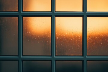 A close-up of a window with droplets against a warm sunset backdrop.