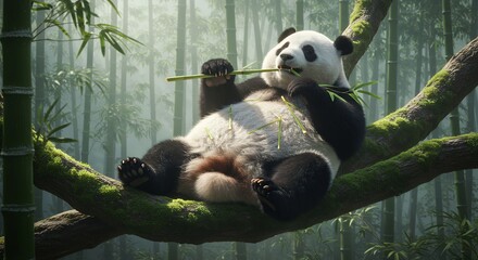 Obraz premium Panda is peacefully perched in a tree while eating bamboo