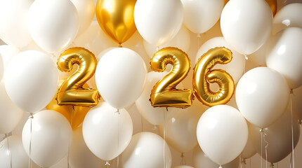 2026 New Year Celebration with Gold Balloons and White Background