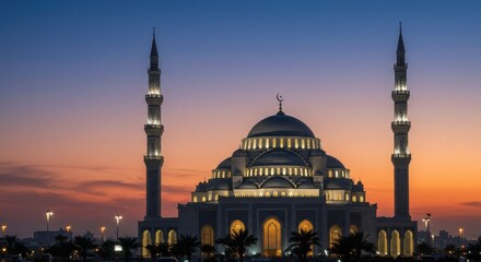 Fototapeta premium Majestic mosque silhouette against a vibrant sunset with illuminated minarets