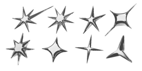 Y2k 3d chrome halftone stars shape retro abstract elements vector illustration set. Chrome silver 3d metallic halftone semitone retro effect collection. Y2k space various star retro futuristic shapes.