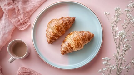 Two Golden Brown Croissants on a Pink and Blue Plate with Coffee and Flowers