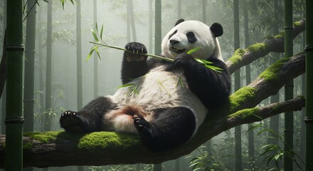Obraz premium Panda lounges eating bamboo in lush green bamboo forest