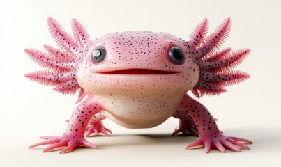Pink axolotl smiles on plain background, ideal for educational content