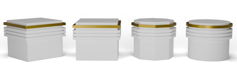 Platforms or catwalks, empty museum stages with abstract geometric shapes