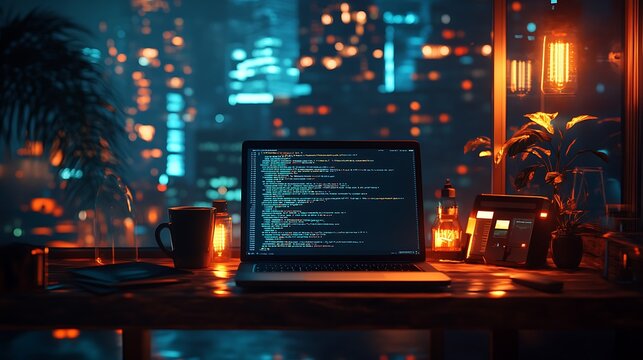 A dimly lit coding workspace, laptop screen showing lines of Python code, a strong espresso resting beside it, warm moody desk lighting, deep focus on the screen,