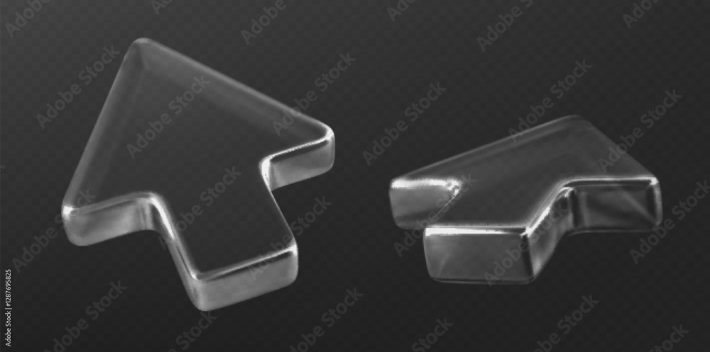 Poster glass cursors in 3d style - transparent arrow shapes on dark background. shiny crystalline pointer f