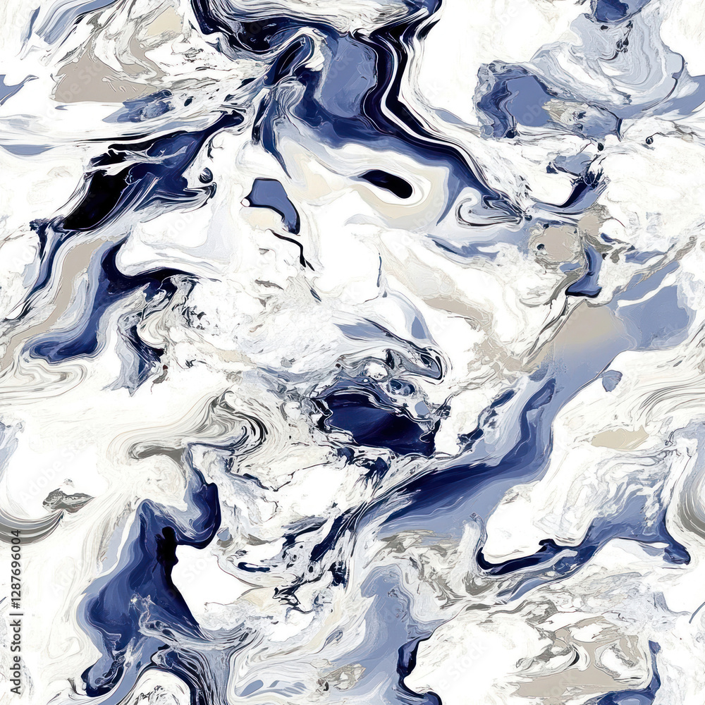 Poster abstract flowing paint, marbled texture, flowing white and blue pattern, seamless repeat background.