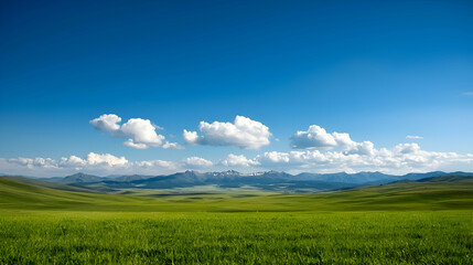 Fototapeta premium Vast Green Field with Distant Mountains under a Blue Sky