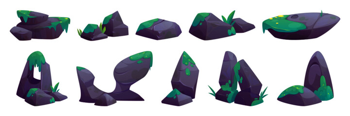 Purple rock collection with green moss - natural stone assets in cartoon style for game environment. Scenic boulders covered with grass patches, vegetation leaves for fantasy landscape design.
