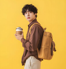 A handsome korean man with curly hair holding a coffee cup and a bag on a yellow background, wearing a brown shirt, beige pants, and a leather backpack, posing in profile and looking at the camera.