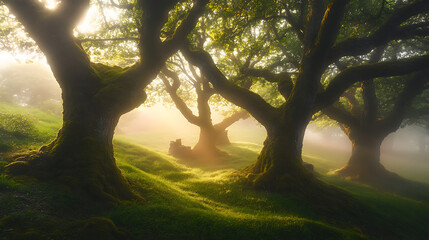 Fototapeta premium Lush Green Forest Scene with Sunlight Streaming Through Trees in a Misty Morning Landscape
