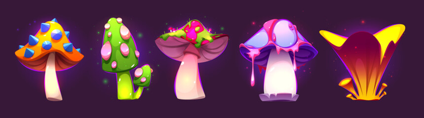 Magic mushroom set with glowing fantasy elements - dripping neon caps, crystal spikes, luminous stems. Fairytale alien illuminated fungi collection on dark background for game design assets. © klyaksun
