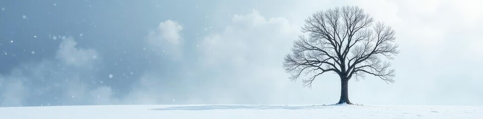 Fototapeta premium A bare tree with its limbs stretched out in the snow, cold, snowy scene, snow