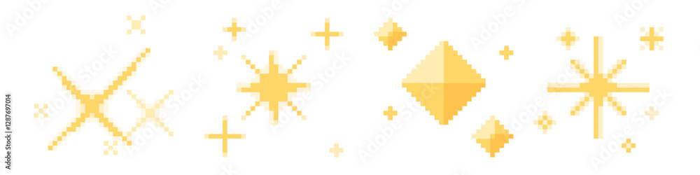 Poster pixel stars set - glowing yellow shapes in different geometric forms, sparkles and luminous crosses 