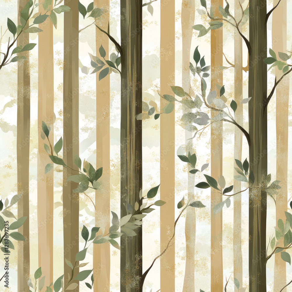 Poster abstract forest scene with slender trees and foliage against a striped, misty backdrop. seamless pat