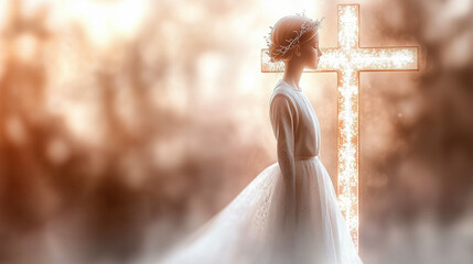 A minimalist First Communion background with a simple, elegant crucifix and a soft, radiant glow. Pale gold, white, and beige gradients create a serene, peaceful atmosphere, ideal for invitations.