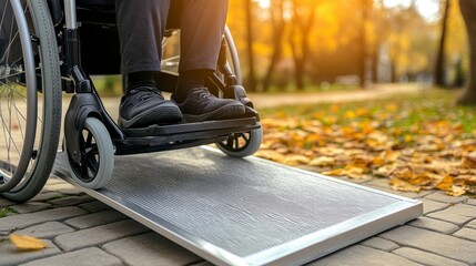 Obraz premium Exploring Accessibility A Serene Autumn Scene Featuring a Wheelchair on a Ramp in a Park, Showcasing Inclusivity and Mobility Solutions for People with Disabilities, Promoting Freedom and