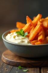 A bowl filled to the brim with crispy sweet potato fries and creamy dip, satisfying, creamy dip, sweet potato fries