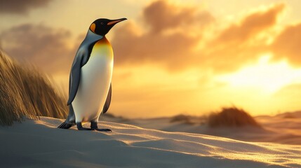 Obraz premium Solitary king penguin standing on sandy beach at golden sunset with dramatic sky. Wildlife and nature exploration concept