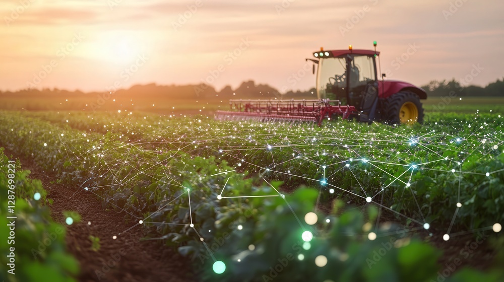 Poster digital farming world where data collected by machines is used to optimize growth cycles and maximiz