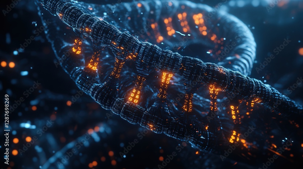 Poster dna, with glowing base pairs linked in a spiral structure. highlight the way information is encoded 