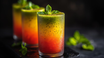 Refreshing tropical fruit drink with mint garnish and vibrant layers for summer enjoyment