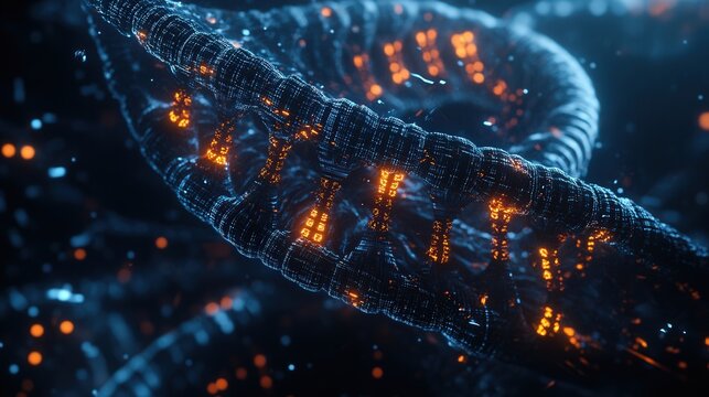 DNA, with glowing base pairs linked in a spiral structure. Highlight the way information is encoded in the sequence of nitrogenous bases,