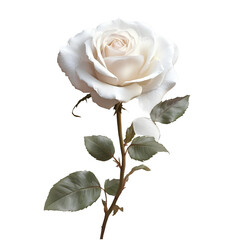 A white rose on a long stem, a PNG clipart cutout isolated on a transparent background 