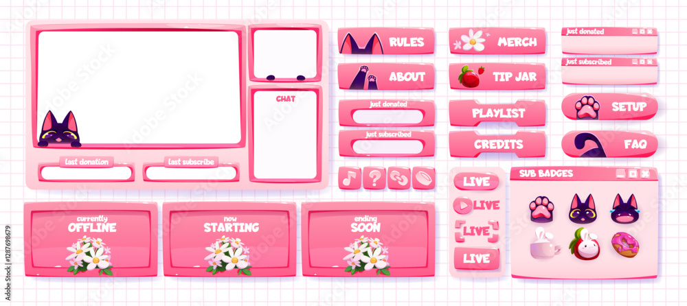 Poster girly game stream frames set isolated on background. vector cartoon illustration of pink app windows
