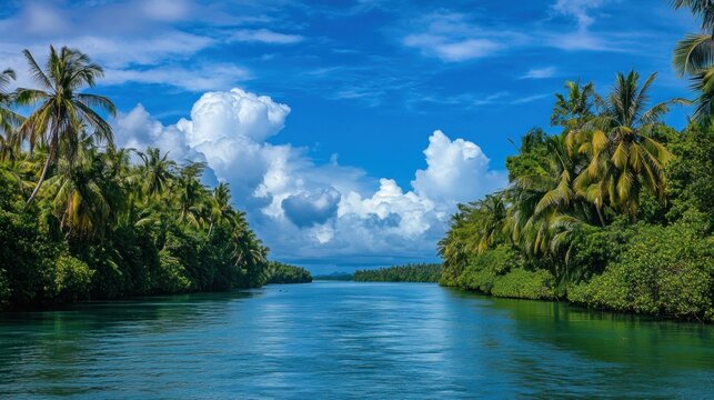 Channel of the sepik river delta through thick tropical jungle- madang province, papua new guinea