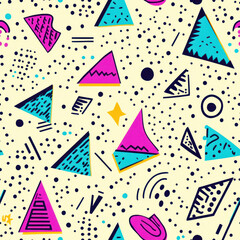 Abstract geometric patterns and shapes in a playful seamless Memphis design against a dotted background